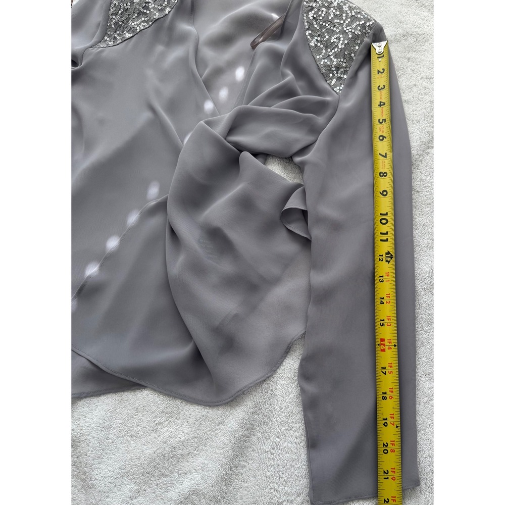 SLNY Women Silver Grey Sequin Shoulder Open Front Chiffon Jacket Size 8 - Picture 7 of 7